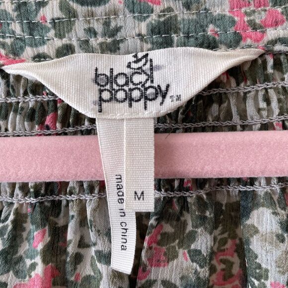 Black Poppy Sz Medium Women’s Pink Green Floral Semi Sheer Short Sleeve Blouse - Picture 4 of 5